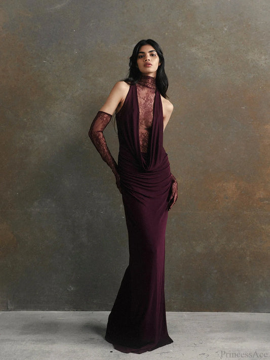 Lace Patchwork Deep V Ruched Prom Dress Purple / S promdress-250223