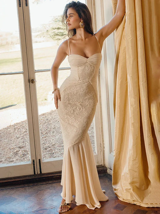 Lace Pleated Slim Bodycon Mermaid Vacation Dress Apricot / S vacationdress-250223