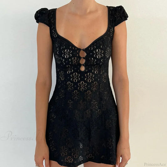 Lace Ruffle Backless Mini Dress Black / S minidress-250223