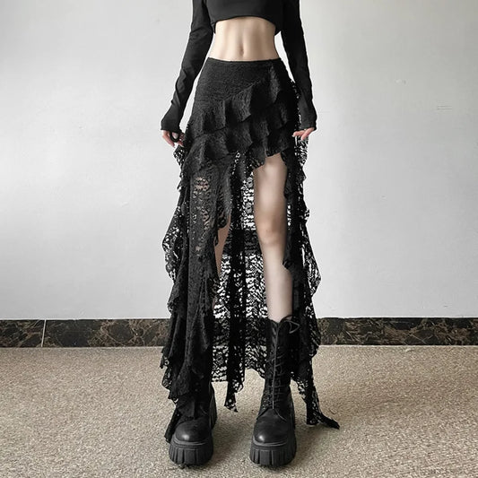 Lace Ruffles Patchwork Mini Skirt Black / S