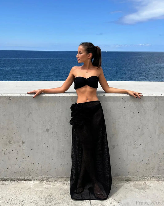 Lace Solid Strappy Skirt Three Piece Swimsuit