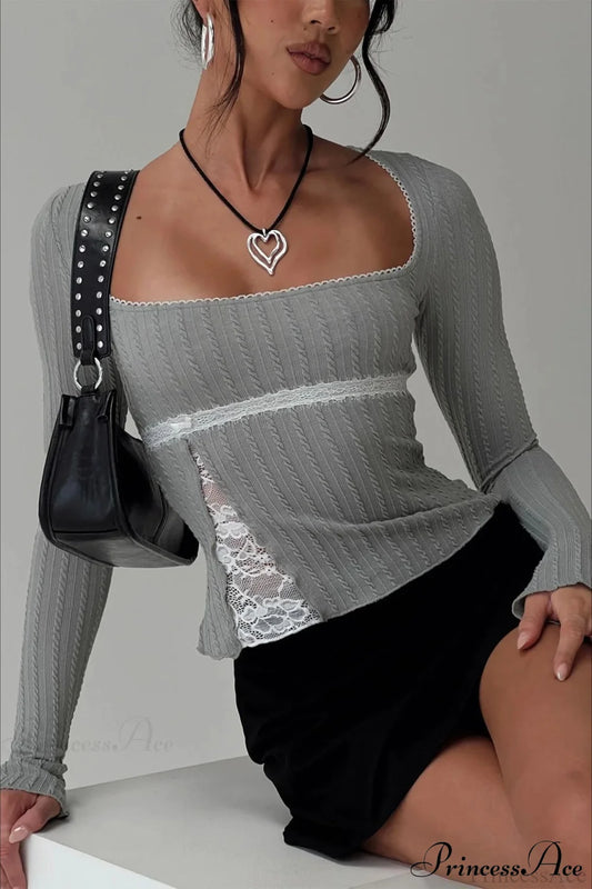 Lace Trim Fitted Cropped Long-Sleeve Knit Top