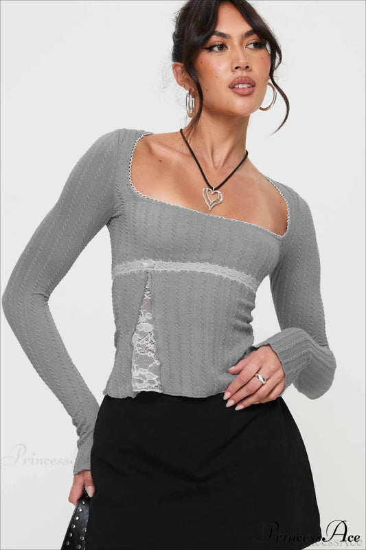 Lace Trim Fitted Cropped Long-Sleeve Knit Top Grey / S