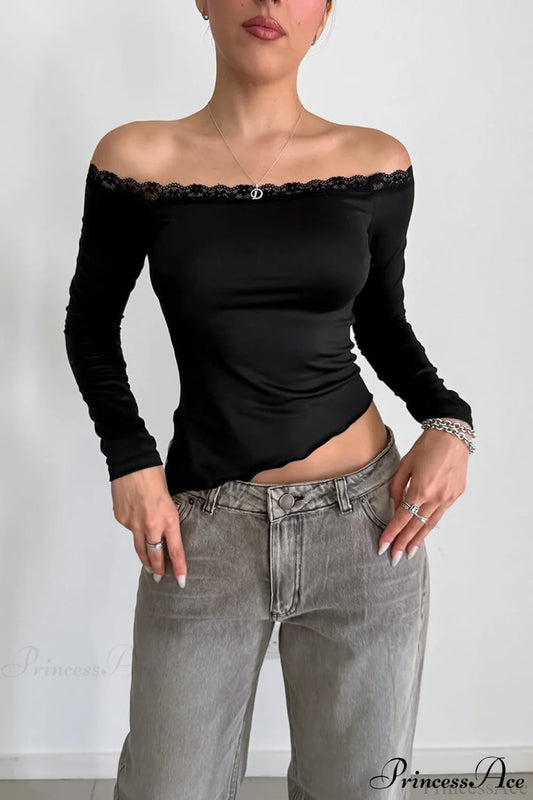 Lace Trimmed Off Shoulder Slim Long Sleeve Tee Black / S
