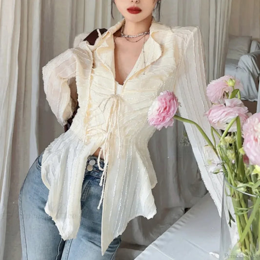 Lace Up Blouse Turn-down Collar Women Blouse blouse-250126