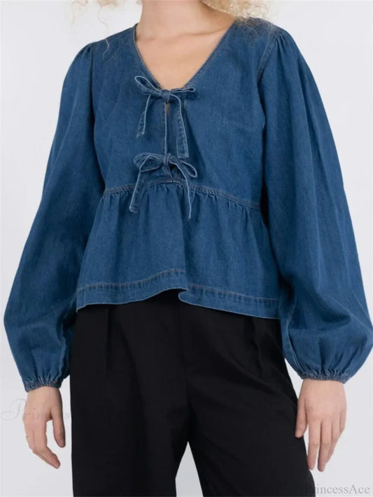Lace-Up Denim V-neck Blouse blue / S blouse-250223