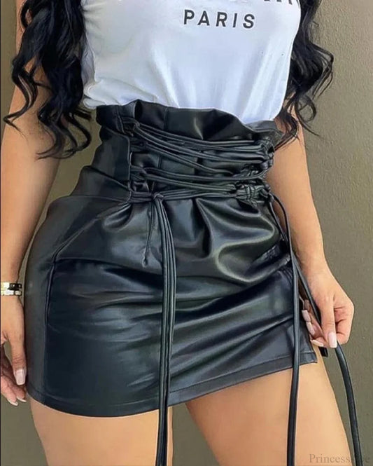 Lace-up PU Leather Mini Skirt black / S / CHINA