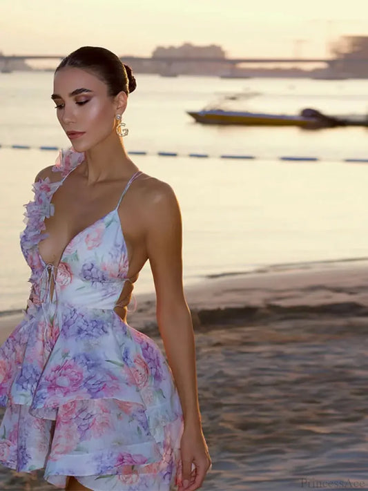 Lace-Up Ruffle Party Mini Dress Pink / S minidress-250223