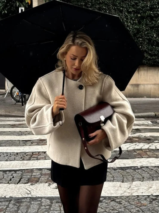 Lamb Wool Lapel Full Sleeve Overcoat White / S