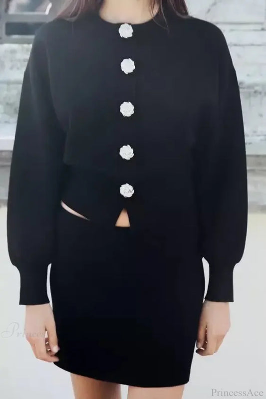 Lantern Sleeve Buckle Knitted Cardigan Black / S