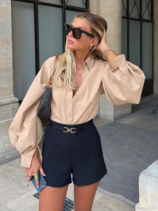 Lantern Sleeve Button Collar Blouse blouse-250223