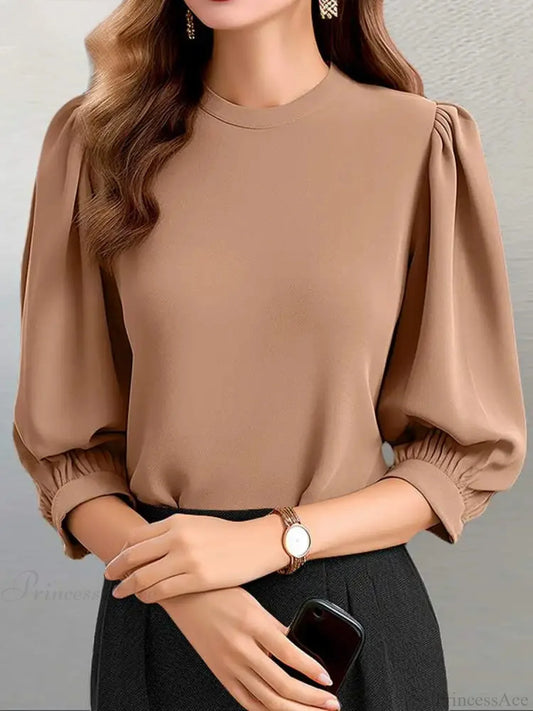 Lantern Sleeve O-neck Casual Party Tunic Blouse Khaki / S blouse-250126