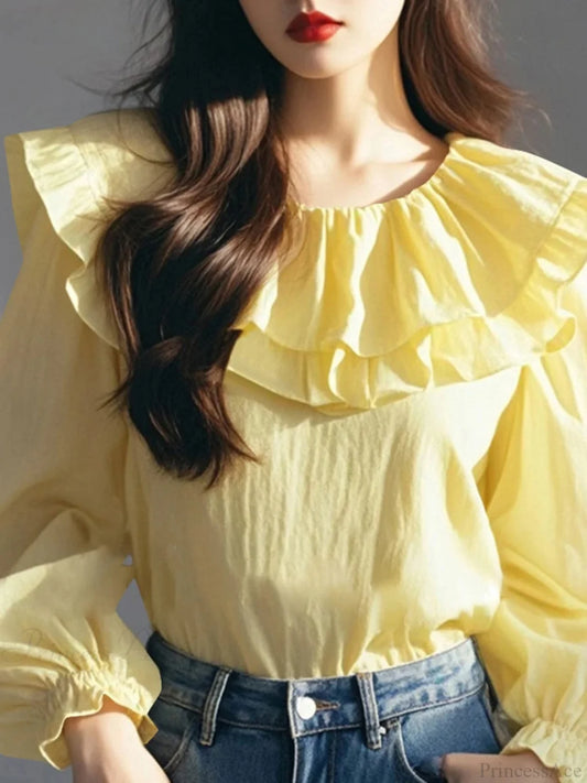 Lantern Sleeve Ruffled Round Neck Blouse Yellow / S blouse-250126