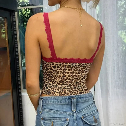 Leopard Print Coquette Lace Trim V Neck Spaghetti Strap Sexy Sleeveless Crop Top croptop-250126