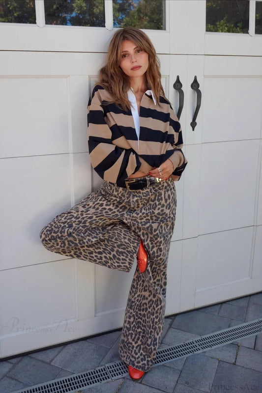 Leopard Print High Waist Straight Leg Denim Jeans