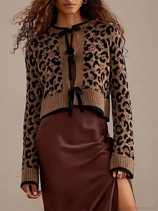 Leopard Print Ribbed Tie Front Knit Cardigan light brown / S