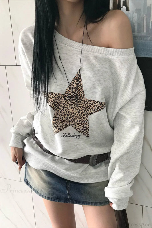 Leopard Print Star Slant Neck Off Shoulder Sweatshirt Grey / S