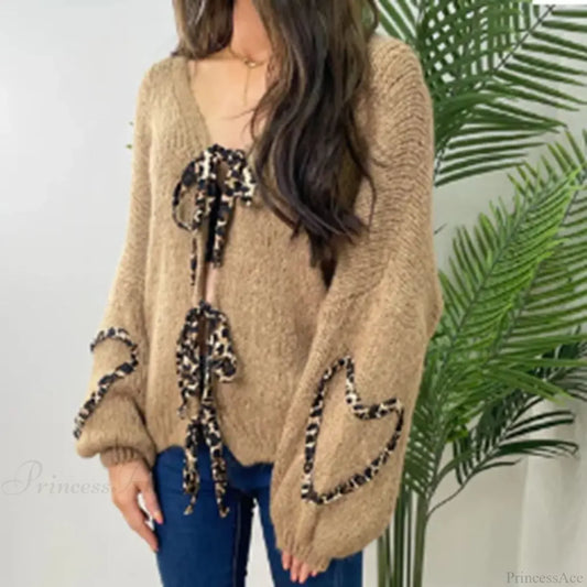Leopard Ribbon Tie V-Neck Cardigan Brown / S Cardigan-241208