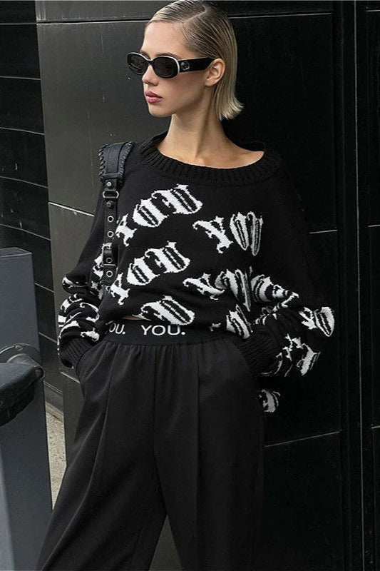 Letter Color Block Long Sleeve Knit Sweater Black / S