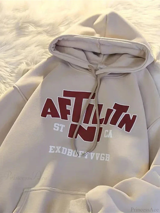 Letter Print Cotton Hoodie apricot / M(40-45KG)