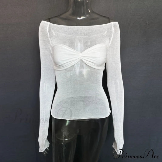 New Fashion Women's Clothing Lightweight See-Through Neck T-Shirt Top White blouse Clothes long sleeve shirts long sleeve top shirt shirts tops