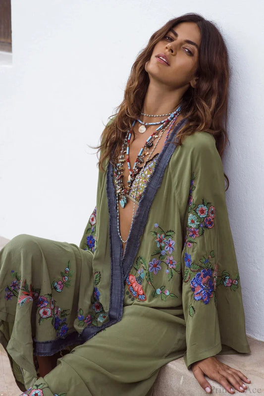 Long Floral Embroidery Beach Cover-Up Boho Cardigan army green / One Size bohoblouse-250126