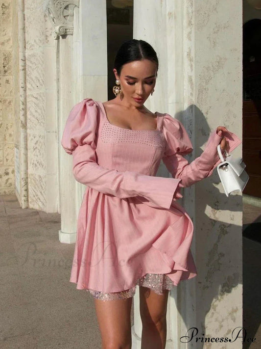 Long Puff Stripe Charming Sleeve Mini Dress Lace-Up