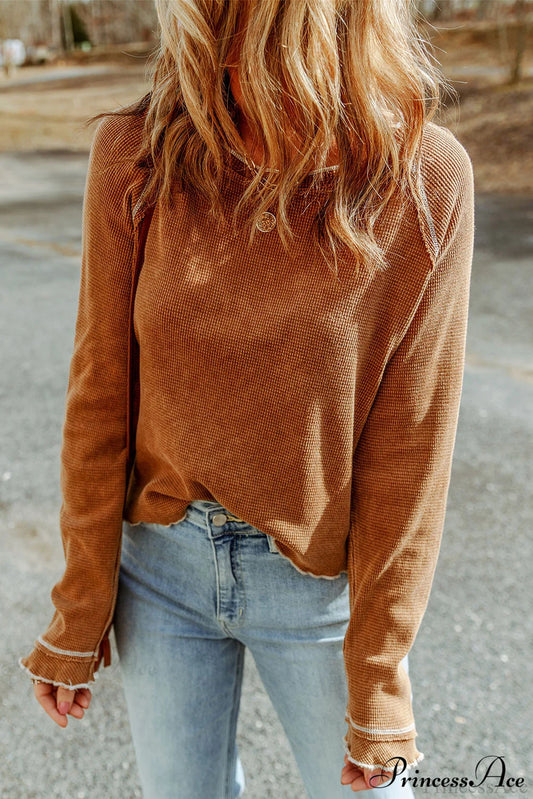 Brown Textured Round Neck Long Sleeve Top Brown 95%Polyester+5%Elastane clothes DL Chic DL Exclusive Early Fall Collection Fabric Waffle Knit long sleeve long sleeve shirts long sleeve top Occasion Daily Print Solid Color Season Winter Style Casual tops