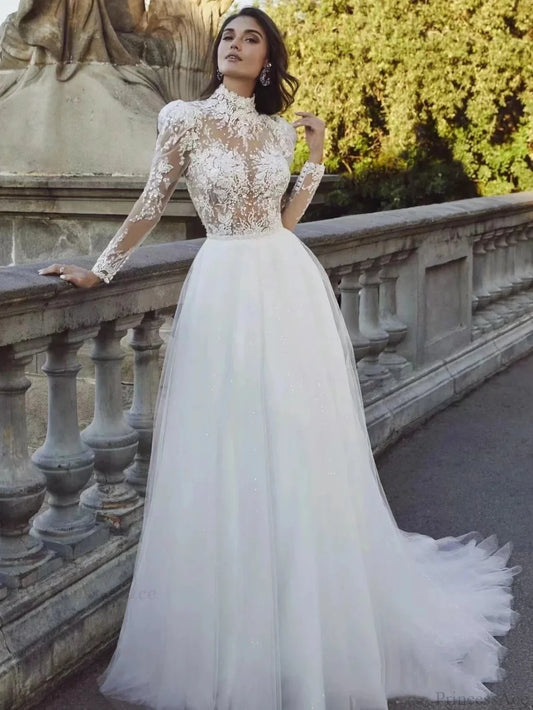 Long Sleeve French Princess Wedding Dress lvory white / 2 weddingdress-250223