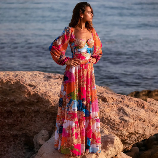 Long Sleeve Print Skirt Two Piece Set