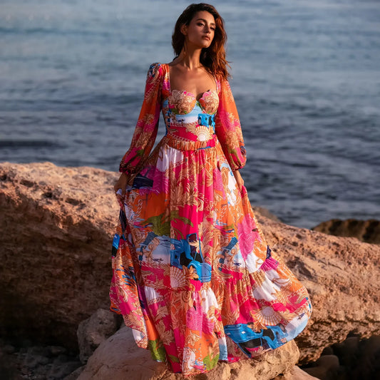 Long Sleeve Print Skirt Two Piece Set color Swimsuit and skirt / S