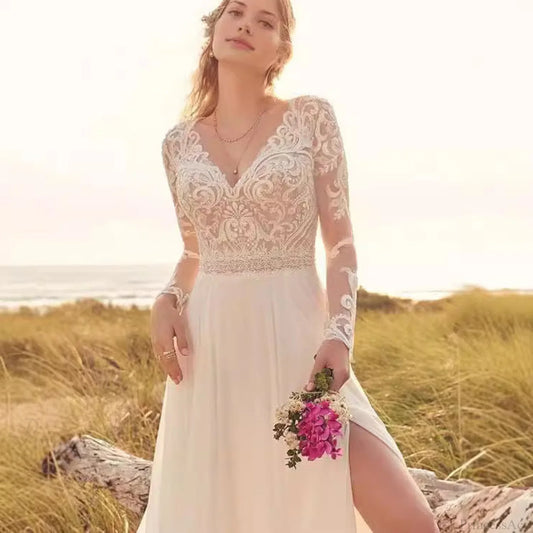 Long Sleeve Sheer Tulle Bridal Wedding Dress lvory white / 2 weddingdress-250223