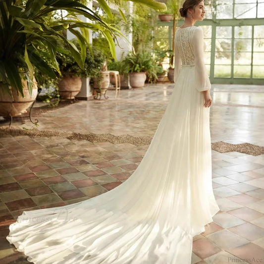 Long Sleeve Sheer Tulle Bridal Wedding Dress off white / 2 weddingdress-250223