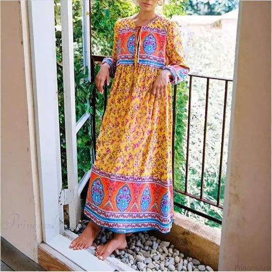 Long Sleeve Tie Neck Ethnic Yellow Floral Print Cotton Maxi Boho Dress Yellow / S bohodress-250126