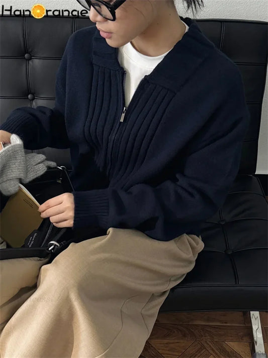 Loose Comfortable Wide Striped Cardigan Zipper Knitting Christmas Sweater Navy Blue / One Size