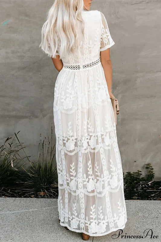 Loose Embroidery White Lace Maxi Boho Dress