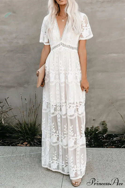 Loose Embroidery White Lace Maxi Boho Dress White / S
