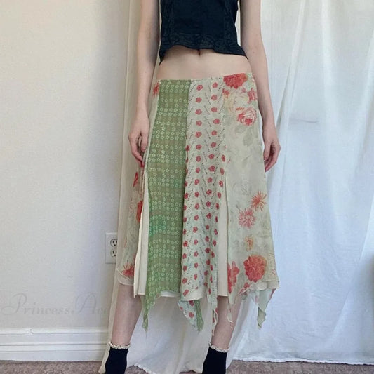 Low Waist Boho Skirts Irregular Length Floral Chiffon Vacation skirt-250126