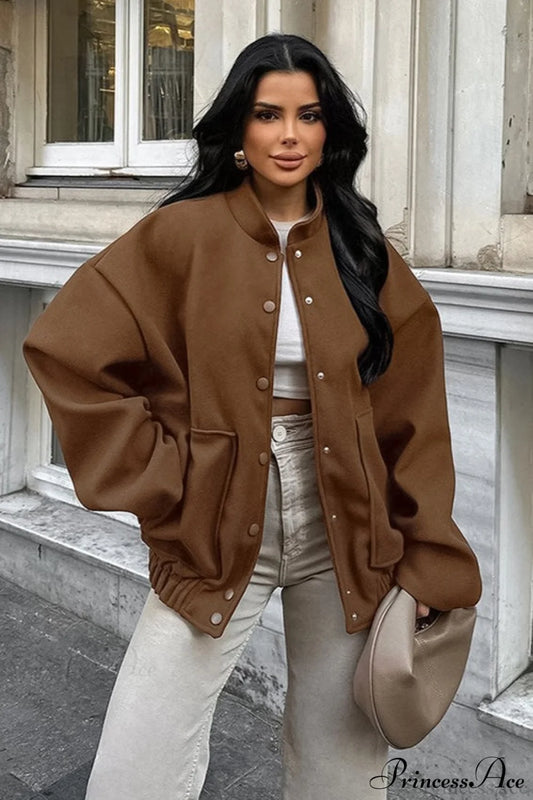 Maillard Brown Thickened Mid-Length Stand-Collar Woolen Jacket Brown / S