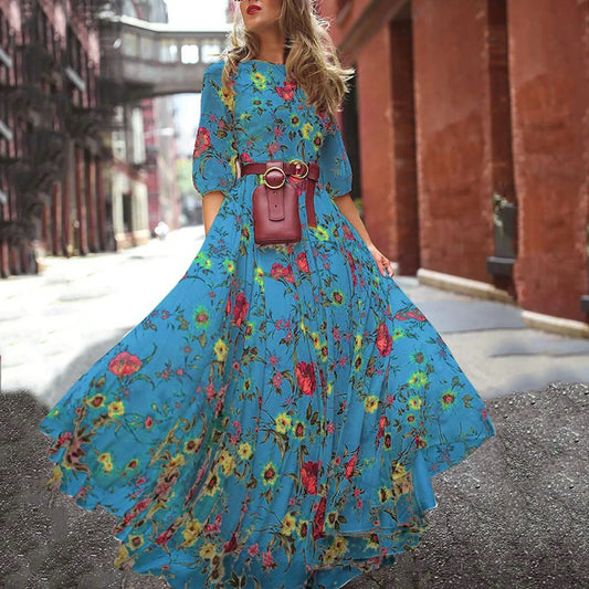 Maxi Dress Flower Print Pleated Swing Evening Dress Blue / S floraldress-250126
