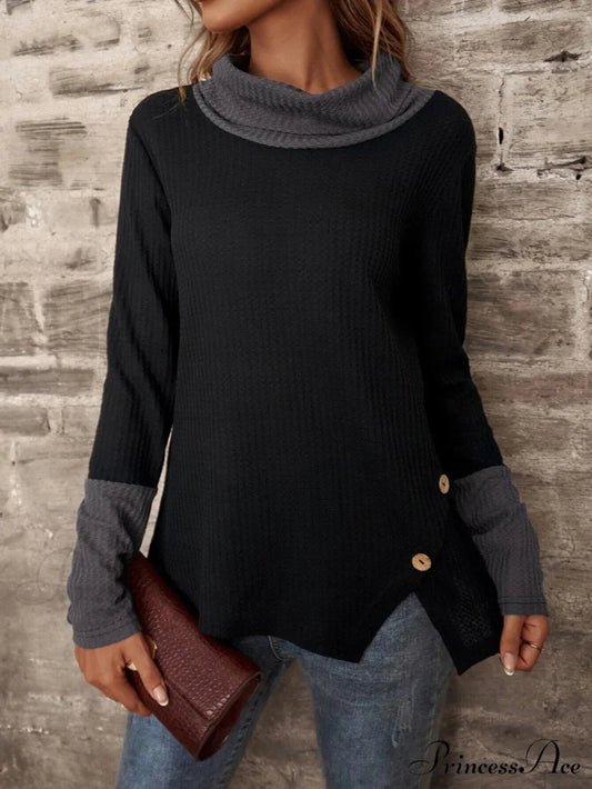 Medium Length Color Check Two Loose Splicing T-Shirt Vintage Waffle Button Arm Women’s Long