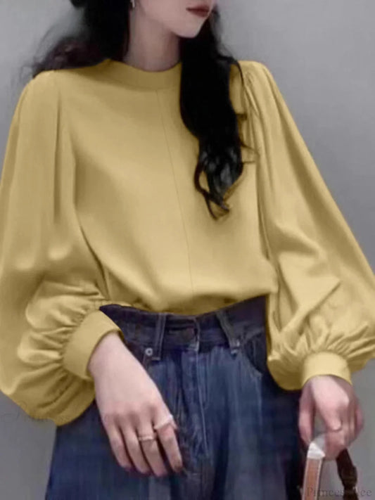 Mesh Lantern Sleeve Blouse Spring Tunic Blouse Khaki / S blouse-250126