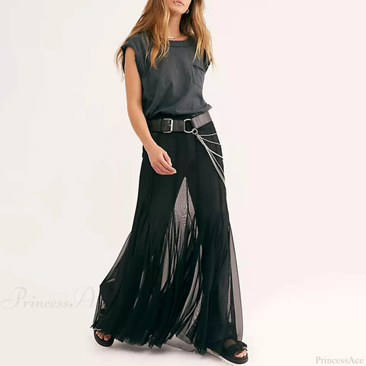 Mesh Sheer Ruffle Midi Skirt