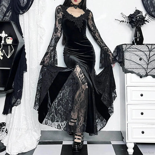 Mesh Velvet Hollow Out Long Dress Black / S