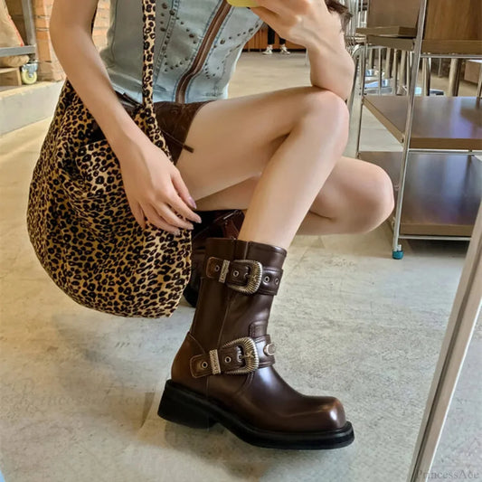 Metal Clasp Dark Medieval Motorbike Elevated Shoe Brown / 35