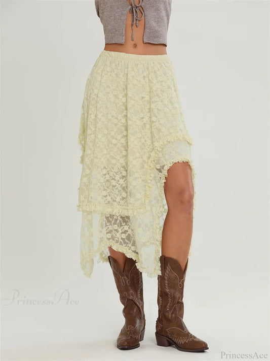 Midi Lace Floral Irregular Hem Elastic Waist Summer Skirt WHITE / S skirt-250126