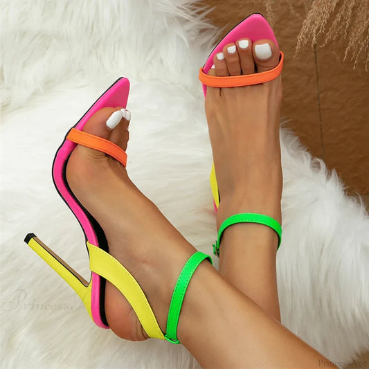 Mixed Colorful Sexy Stiletto Cozy Leather Pointed-Toe Buckle-Strap Summer Party Prom High Heel