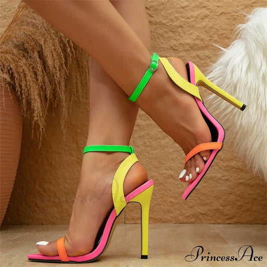 Mixed Colors Women Sexy Stiletto Sandals Leather Pointed Toe Buckle Strap High Heels Summer Party