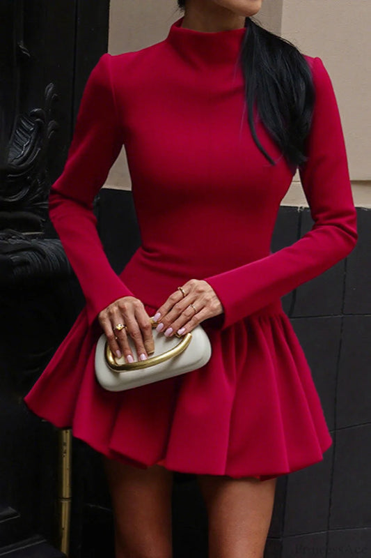 Mock Neck Asymmetrical Hem Umbrella Mini Dress Red / S