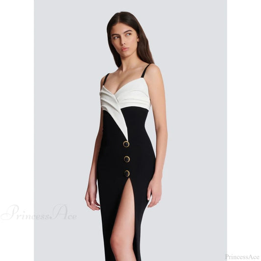 Monochrome Slit Satin Party Prom Dress promdress-250223
